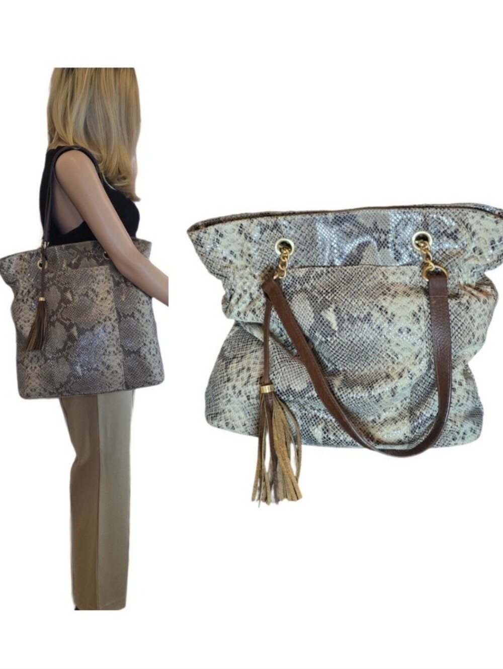 Cynthia Rowley Slouchy Leather Embossed Snakeskin Shoulder Bag Tote